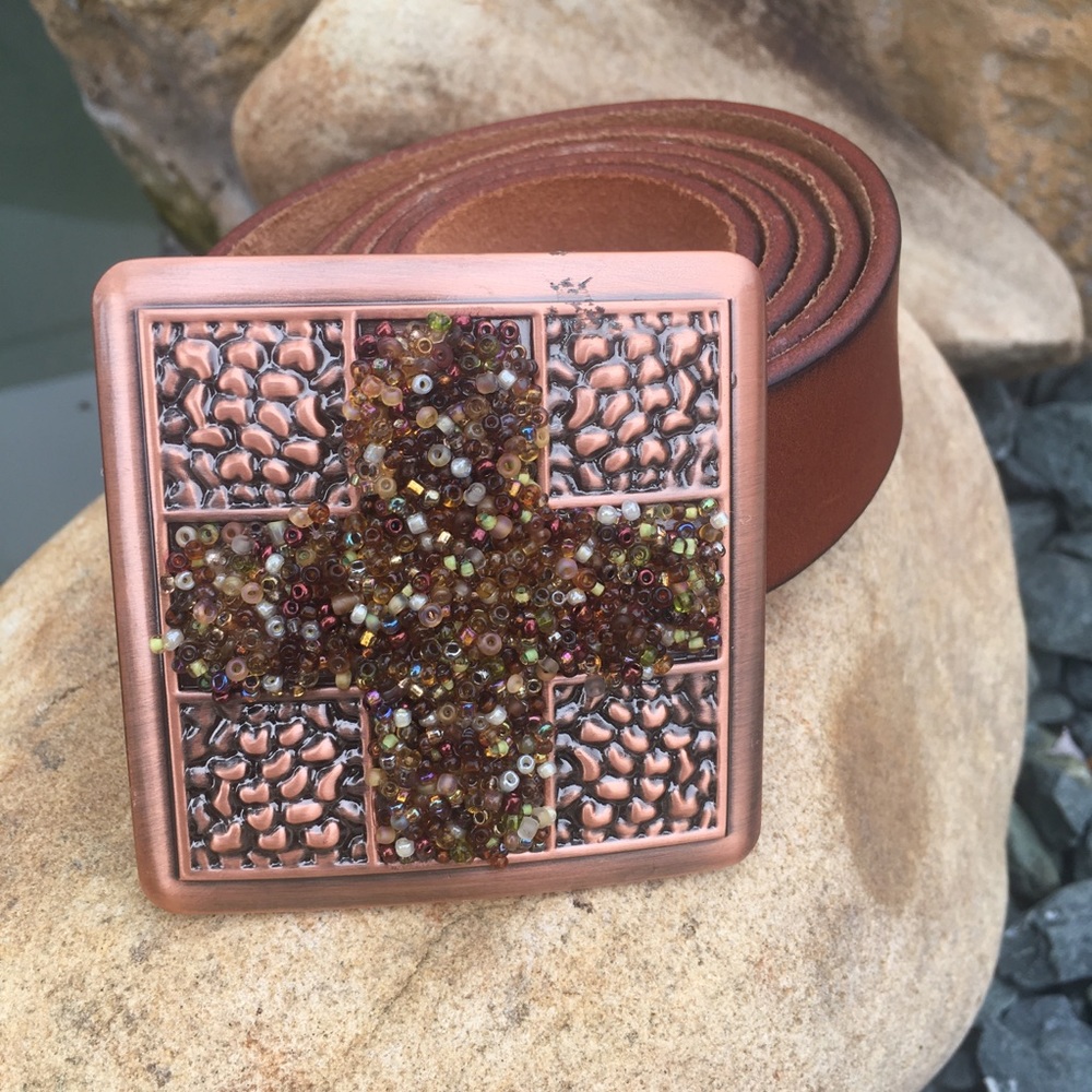 NWOT Leather Belt Hand Beaded Copper Buckle